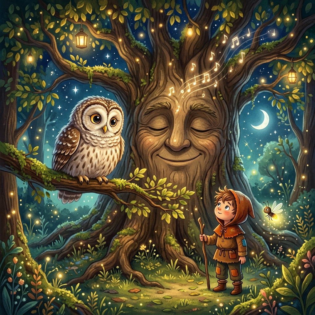 Whimsical children's book illustration. A giant, friendly ancient oak tree with a sleeping face, snoring soft musical notes. On a low branch sits a large, fluffy, kind-looking owl with big round eyes. A tiny child and a small firefly look up at the owl. Warm, cozy, magical atmosphere, soft textures.