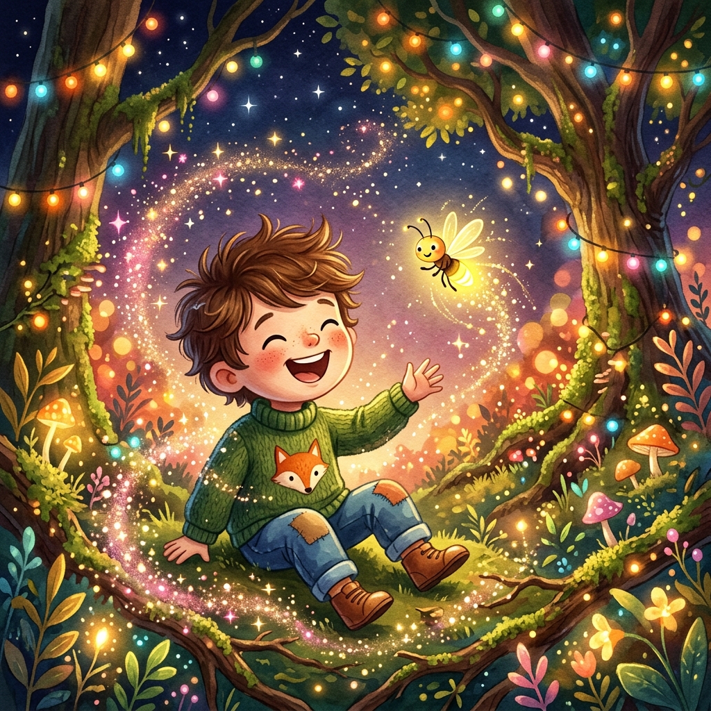 Whimsical children's book illustration. A joyful scene where a tiny child and a glowing, happy firefly are surrounded by sparkling golden and pink stardust. The entire magical forest is illuminated with warm, colorful lights. The child is laughing, looking happy and brave. Soft, magical, celebratory mood.