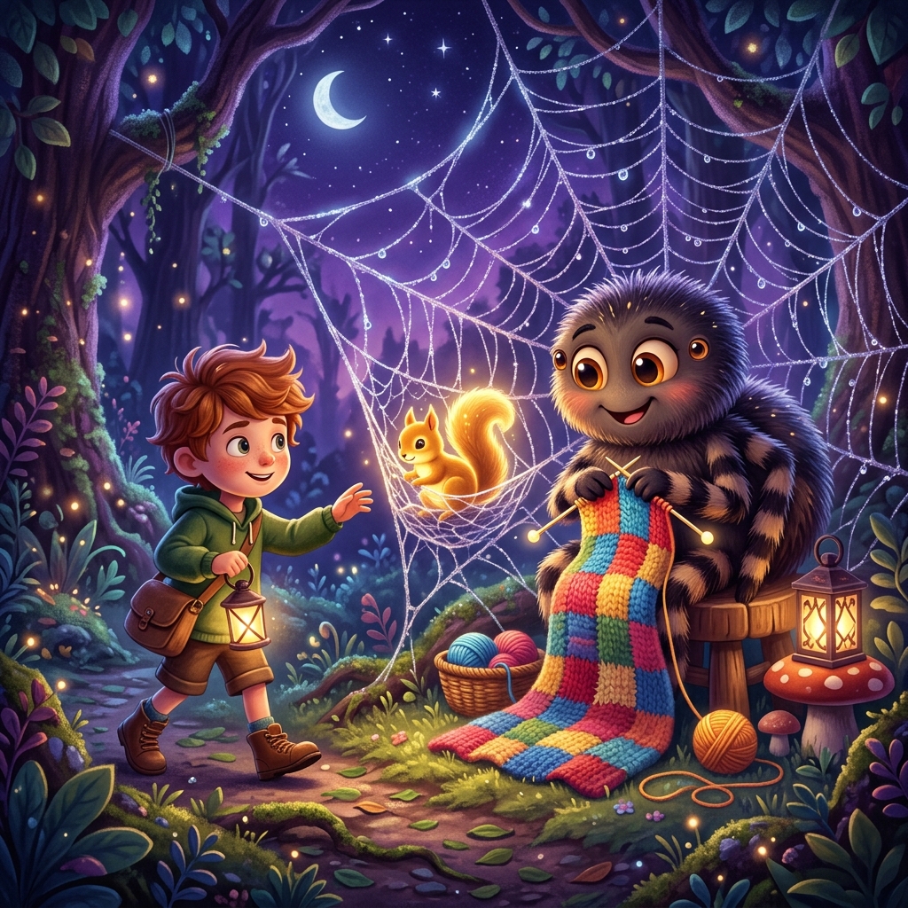 Whimsical children's book illustration style. A giant, friendly spider with soft eyes knitting a colorful blanket next to a tiny glowing squirrel caught in a shiny web. A brave child is stepping forward to help. Soft, mysterious lighting, deep purples and blues.