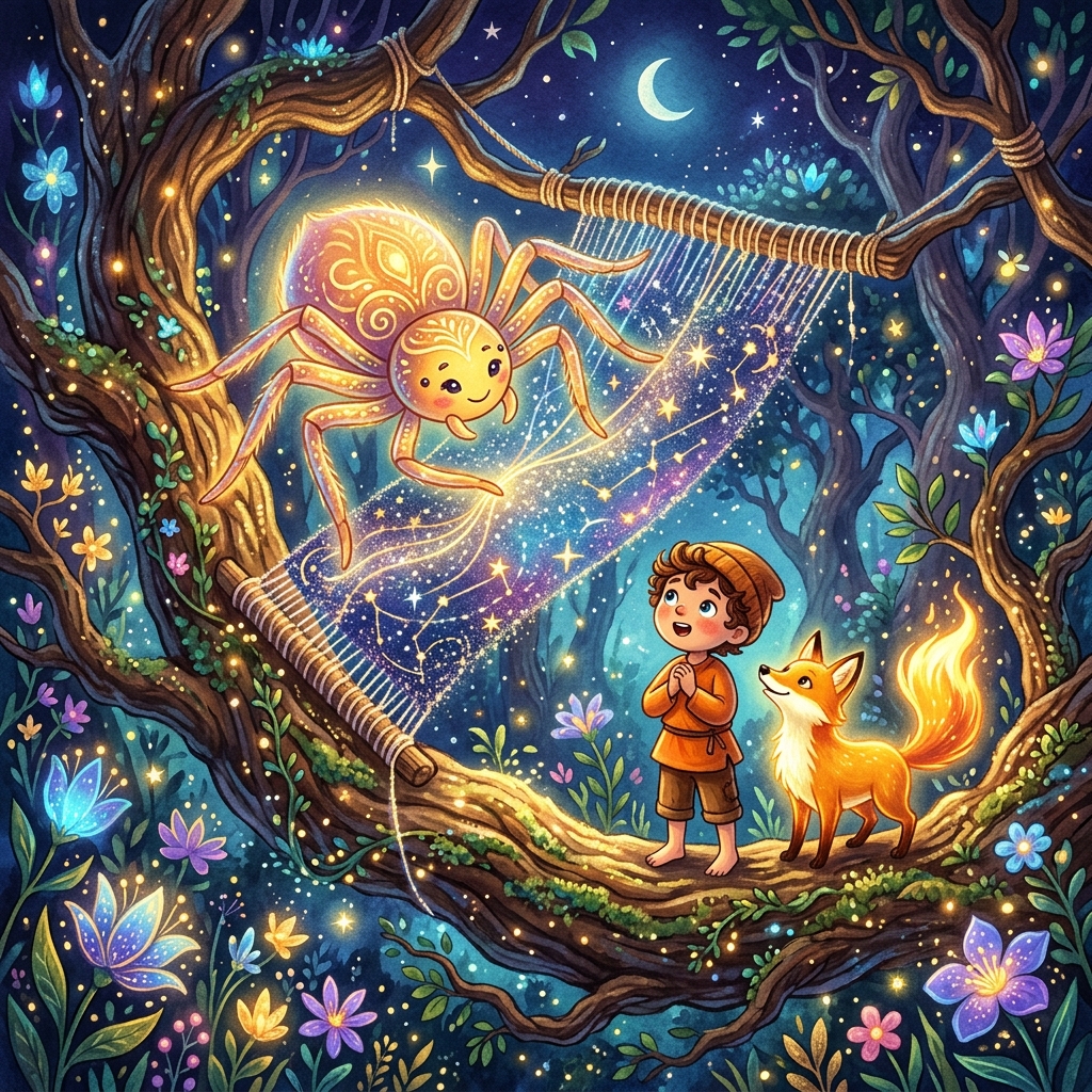 Whimsical children's book illustration style, radiant and joyful. A giant, friendly glowing spider weaving a tapestry of stardust on a massive oak tree branch. The young child and the bright, fully lit fire fox are watching in awe. The forest is illuminated with beautiful glowing night flowers. Magical, warm, triumphant mood.
