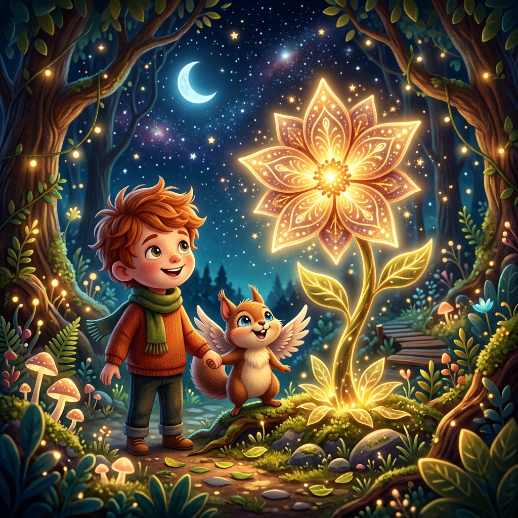 Whimsical children's book illustration style. A beautiful glowing Star-Flower blooming with golden light in a forest clearing. A child and a tiny winged squirrel are holding hands/paws next to it, smiling. Warm, magical, triumphant atmosphere, starry night sky.