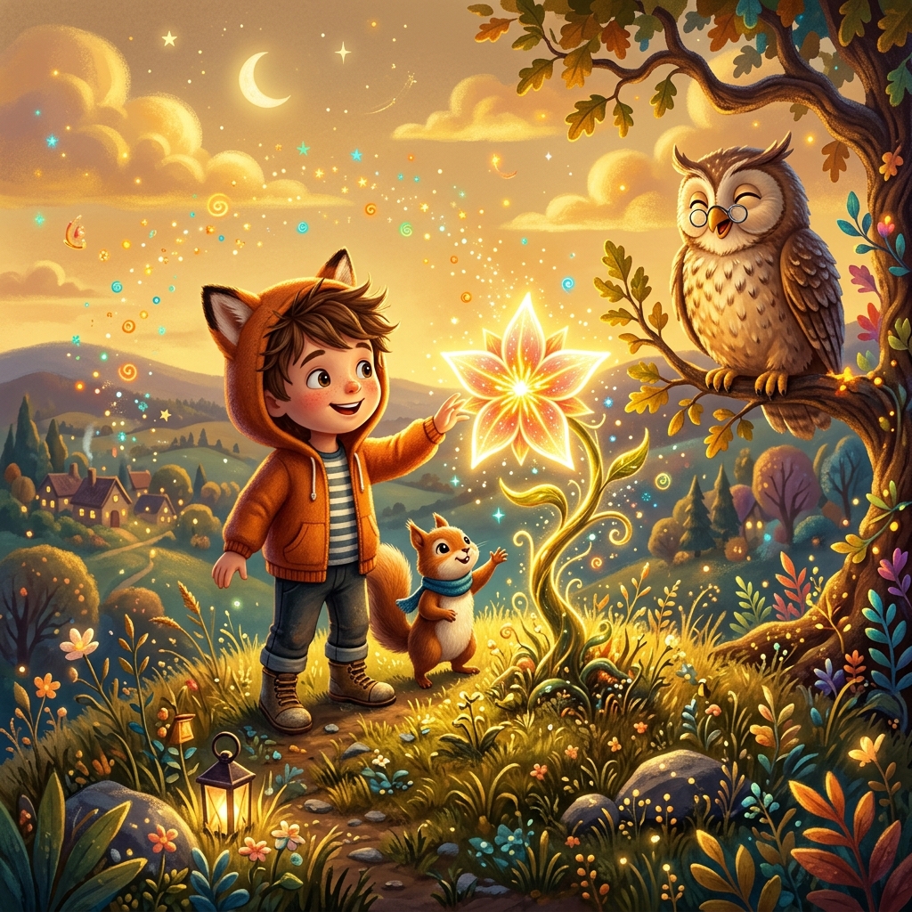 Whimsical children's book illustration style, joyful and warm golden colors. A child and a tiny squirrel holding hands, touching a beautiful glowing star-shaped flower on top of a hill. Colorful sparkles fill the air, and a friendly, smiling old owl watches them warmly from a branch.