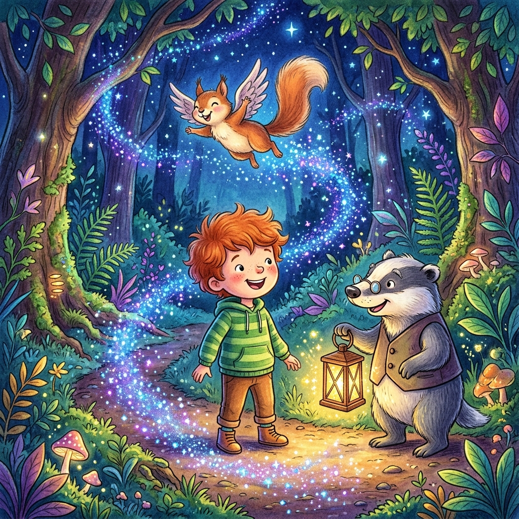 Whimsical children's book illustration style, joyful and bright. The winged squirrel is happily flying, scattering sparkling blue and violet stardust that beautifully illuminates the entire forest path. A friendly, wise old badger with a lantern made of glowing fireflies stands nearby, smiling. The child is smiling warmly, looking happy and no longer afraid of the dark. Magical, celebratory atmosphere.