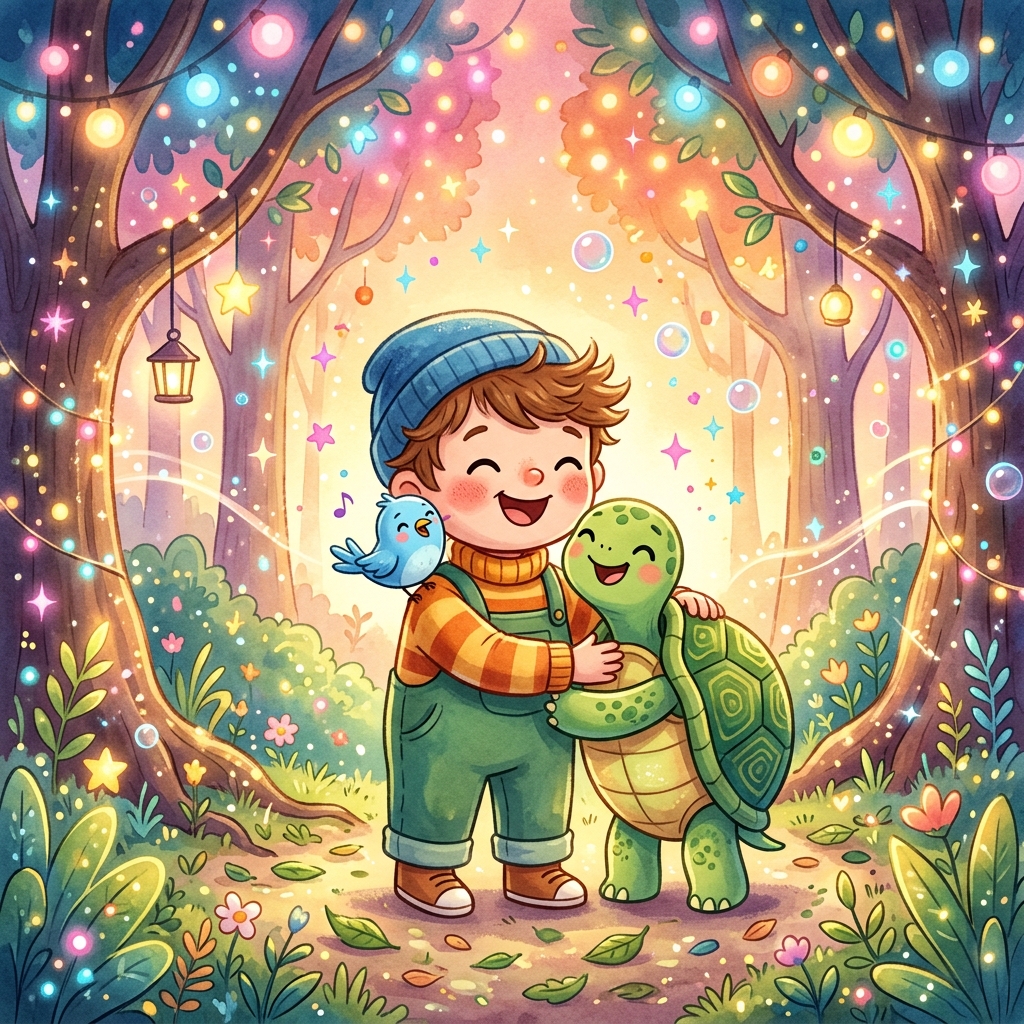 Whimsical children's book illustration, joyful and bright. The magical forest is fully illuminated with soft pink, blue, and yellow lights. The child character, the tiny blue bird, and the happy turtle are all hugging and smiling. Colorful sparkles in the air, extremely cozy and happy ending, simple shapes for toddlers.