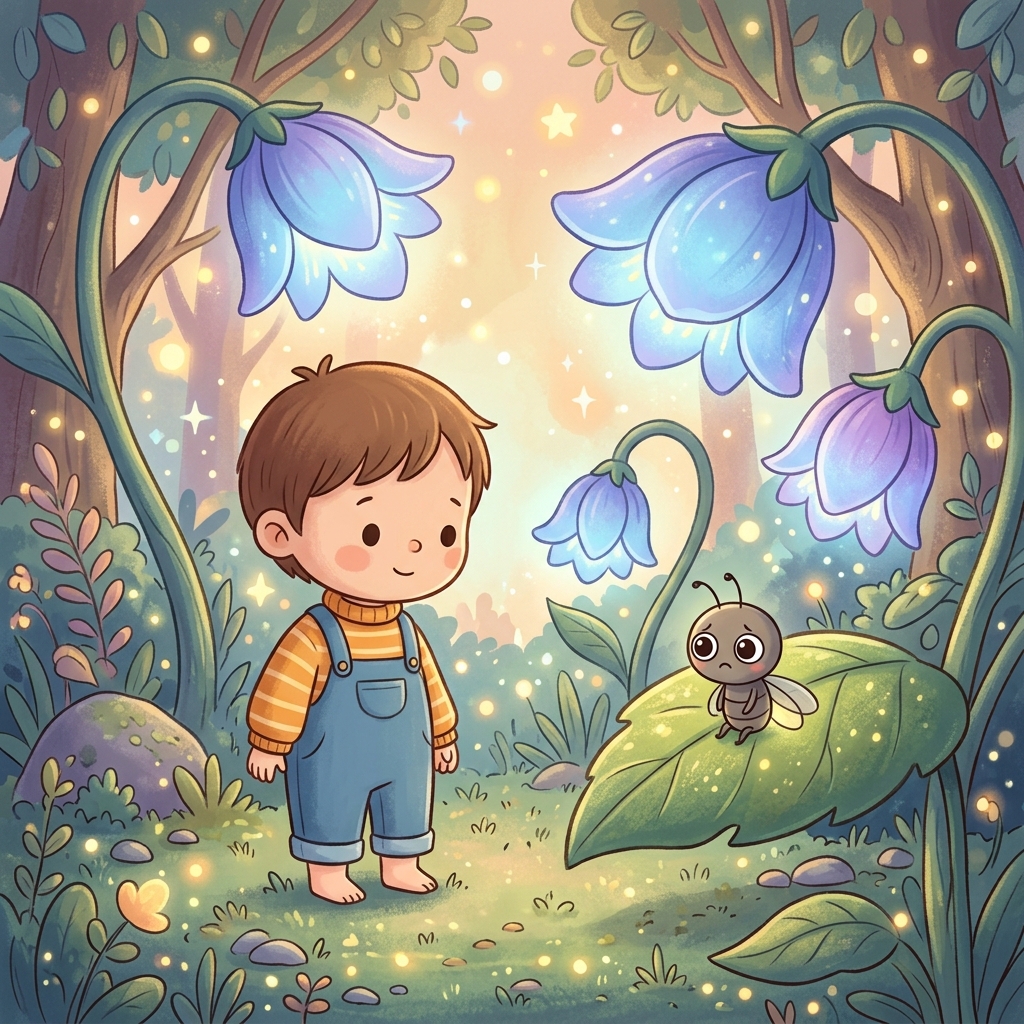 Whimsical children's book illustration, very simple shapes, warm pastel colors. A tiny toddler with short hair standing in a magical forest with giant glowing blue flowers. A tiny, sad, unlit firefly with big eyes sits on a leaf. Soft, cozy, magical atmosphere, suitable for toddlers.