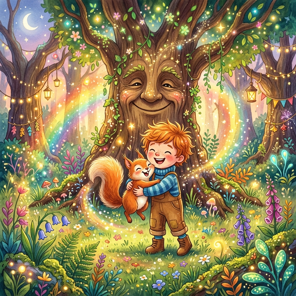 Whimsical children's book illustration style, joyful and celebratory mood. A beautiful clearing in a magical forest glowing with warm golden and rainbow lights. A happy child and a fluffy squirrel are hugging and laughing. The ancient tree is smiling with green leaves blooming. Sparkles and magical dust in the air, extremely cozy and heartwarming.