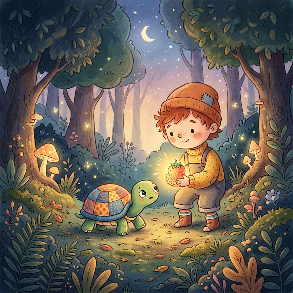 Whimsical children's book illustration, simple and cute. A tiny green turtle with a colorful shell looking lost in a dark but friendly forest. The child character is holding a single glowing strawberry that casts a warm yellow light. Soft textures, safe and cozy mood, pastel colors.