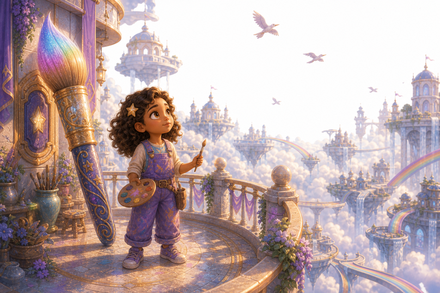 Lila, a young sky painter with brown curls, violet overalls, star-shaped hair clip, and a tiny paintbrush, stands on a Cloud City balcony under a blank white morning sky with a huge shimmering emergency paintbrush nearby; warm AmFoxy children's storybook illustration style, soft painterly texture, rounded friendly forms, cozy cinematic light, rich magical detail, no text, no watermark