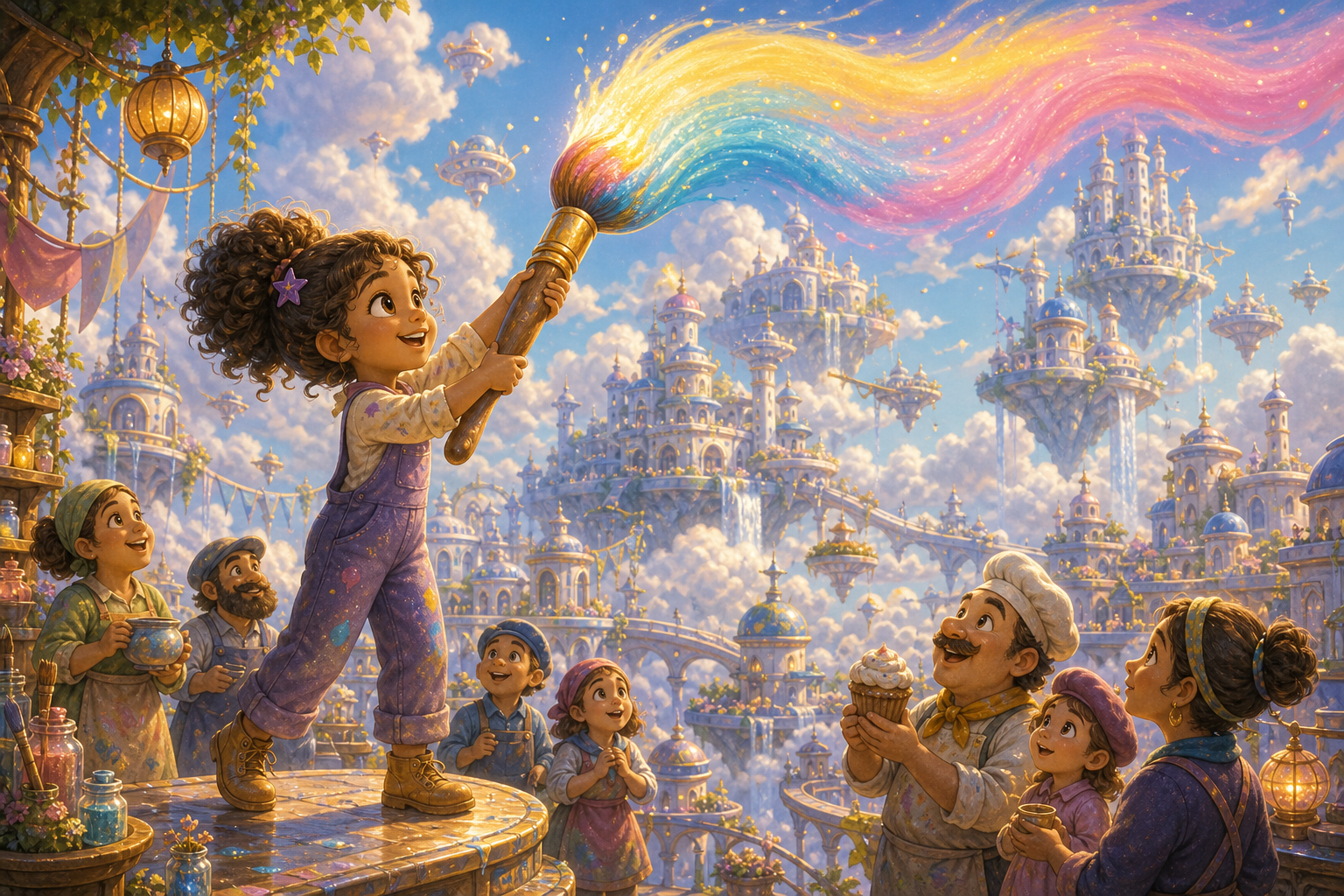 Lila lifts a huge glowing sky paintbrush over Cloud City as yellow, blue, and pink paint swirl into one trembling first stroke across the white sky; warm AmFoxy children's storybook illustration style, soft painterly texture, rounded friendly forms, cozy cinematic light, rich magical detail, no text, no watermark