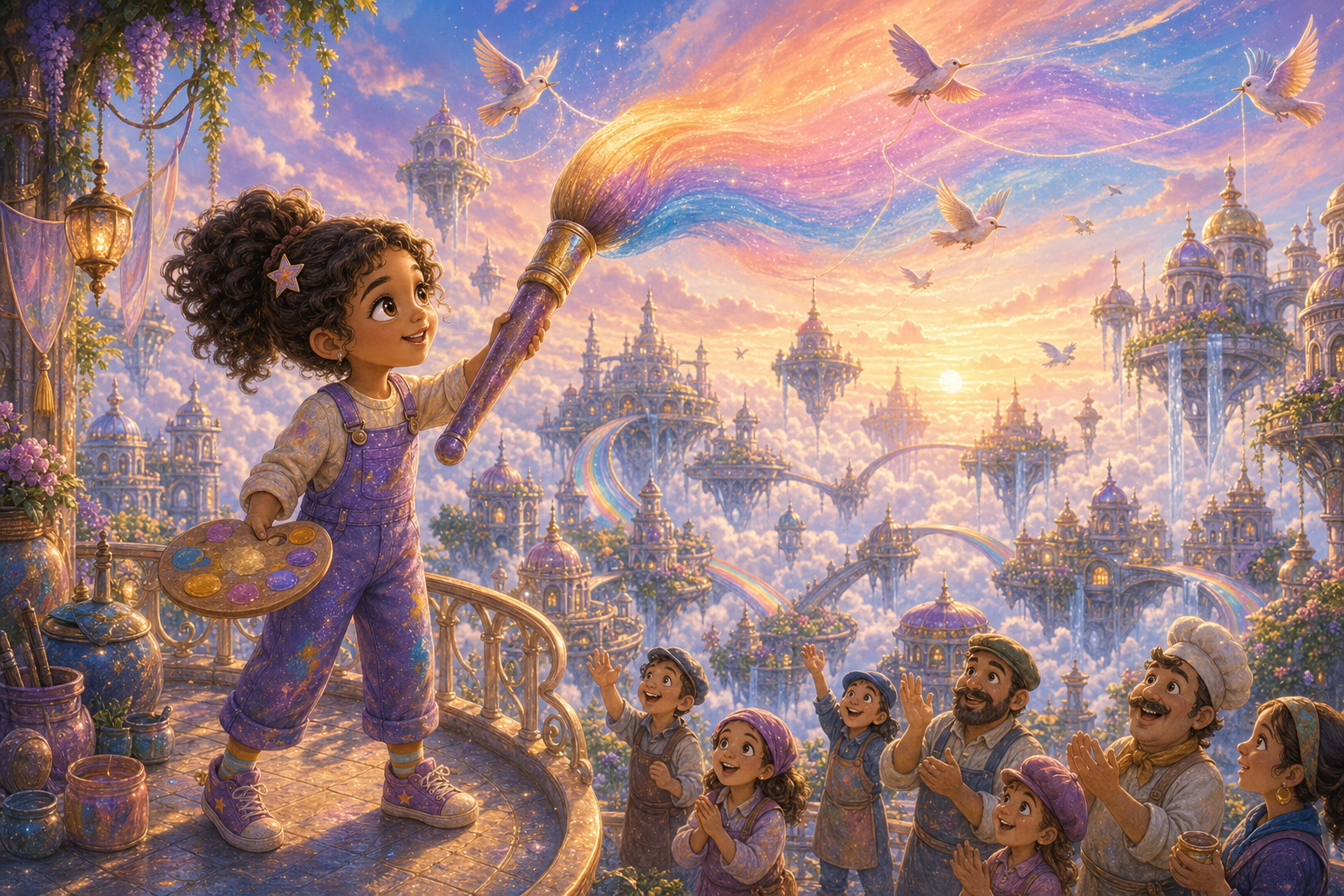 Lila finishes a peach, blue, and lavender dawn over Cloud City, weather birds stitching colors with wings while citizens smile below; warm AmFoxy children's storybook illustration style, soft painterly texture, rounded friendly forms, cozy cinematic light, rich magical detail, no text, no watermark