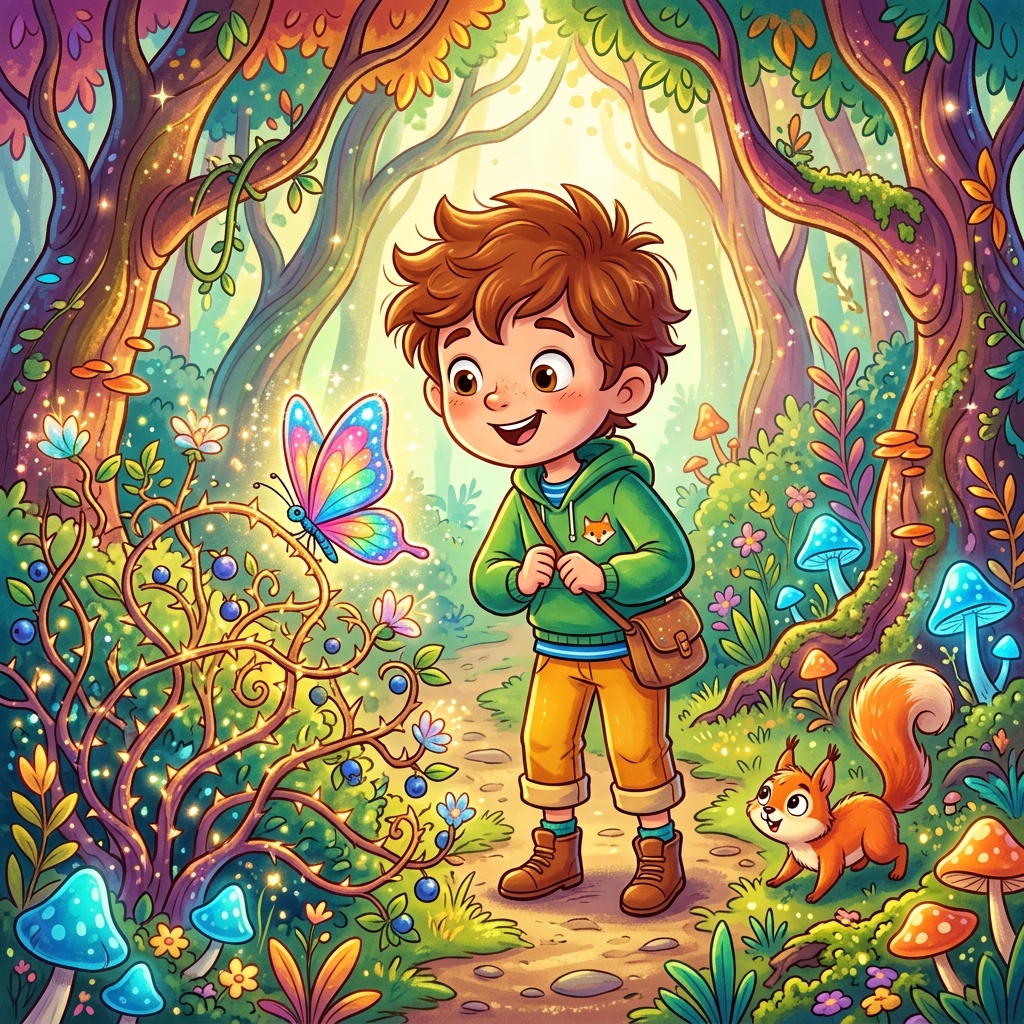 Cartoon style. A happy boy named Foxy with bright eyes and a friendly smile, wearing colorful clothes, standing in a vibrant, magical forest. He is looking at a beautiful, rainbow-winged butterfly caught in a thorny, sparkling bush. A small, fluffy squirrel named Squeaky is scampering nearby, looking curious. The forest has glowing mushrooms and wobbly trees. Bright, sunny day.