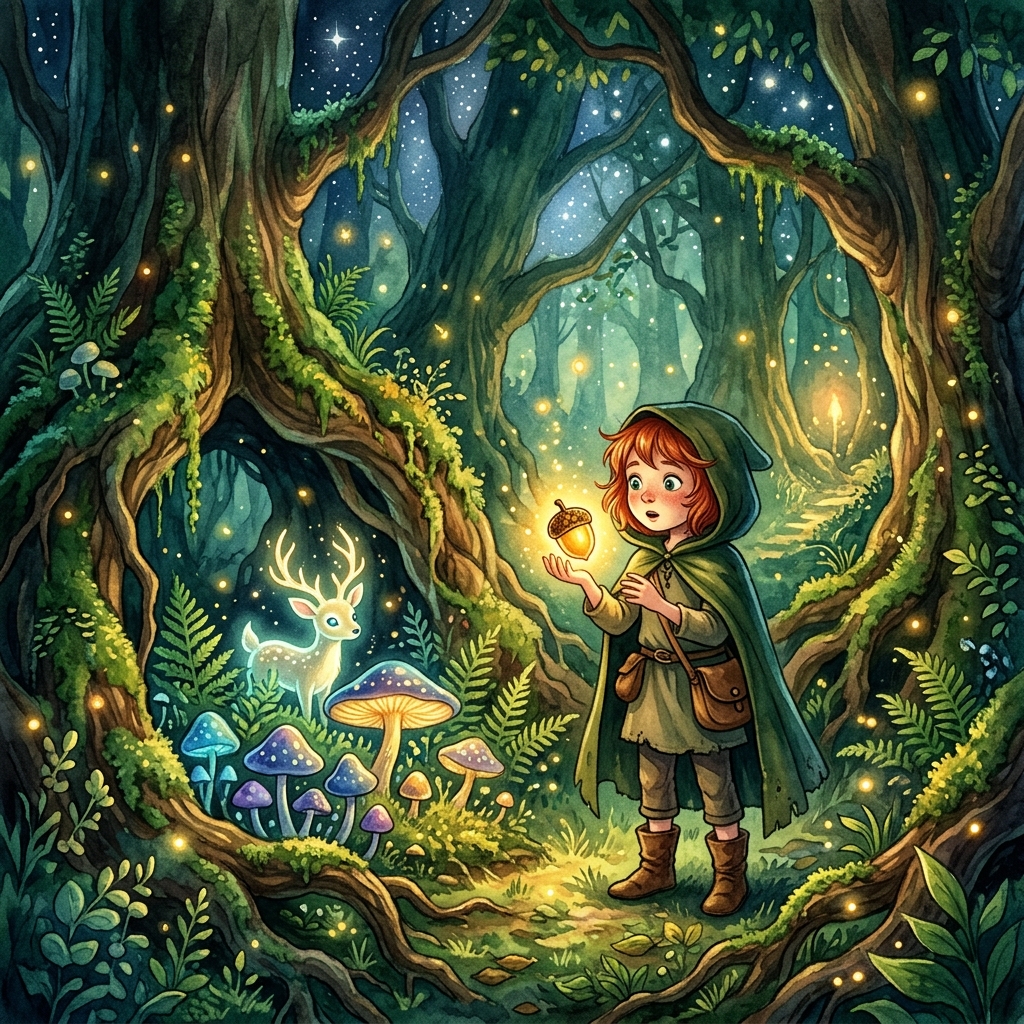 A girl with short red hair in a green hooded cloak holds a glowing golden acorn in a moonlit forest glade, a tiny luminous deer-spirit with star-antlers peeks from behind glowing mushrooms, fireflies and ancient trees all around, enchanted watercolor storybook art, deep emerald green and warm golden palette