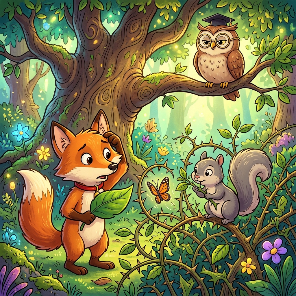 Cartoon style. Foxy and Squeaky the squirrel are looking puzzled at the butterfly still stuck in the thorny bush. Foxy is holding a leaf, and Squeaky is trying to nibble a branch. In the background, perched on a branch of a very tall, ancient oak tree, is Professor Hoot, a wise-looking owl with big, round glasses, blinking thoughtfully. The forest is still magical and colorful.