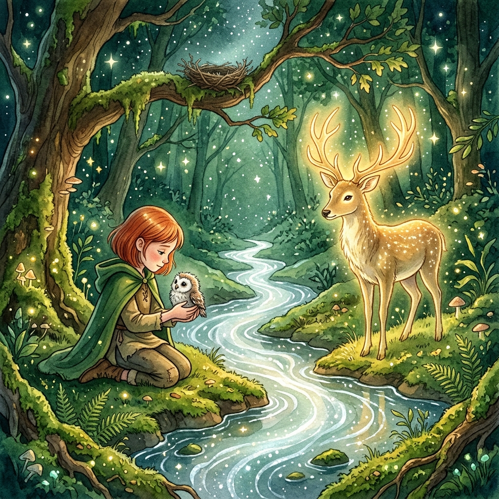 A girl with short red hair in a green hooded cloak kneels at the starlight river bank, cradling a tiny damp baby owl in her hands, a glowing deer-spirit with antler-light watches warmly from the other bank, nest visible in a tree above, enchanted watercolor storybook art, deep emerald greens and silver-blue starlight palette