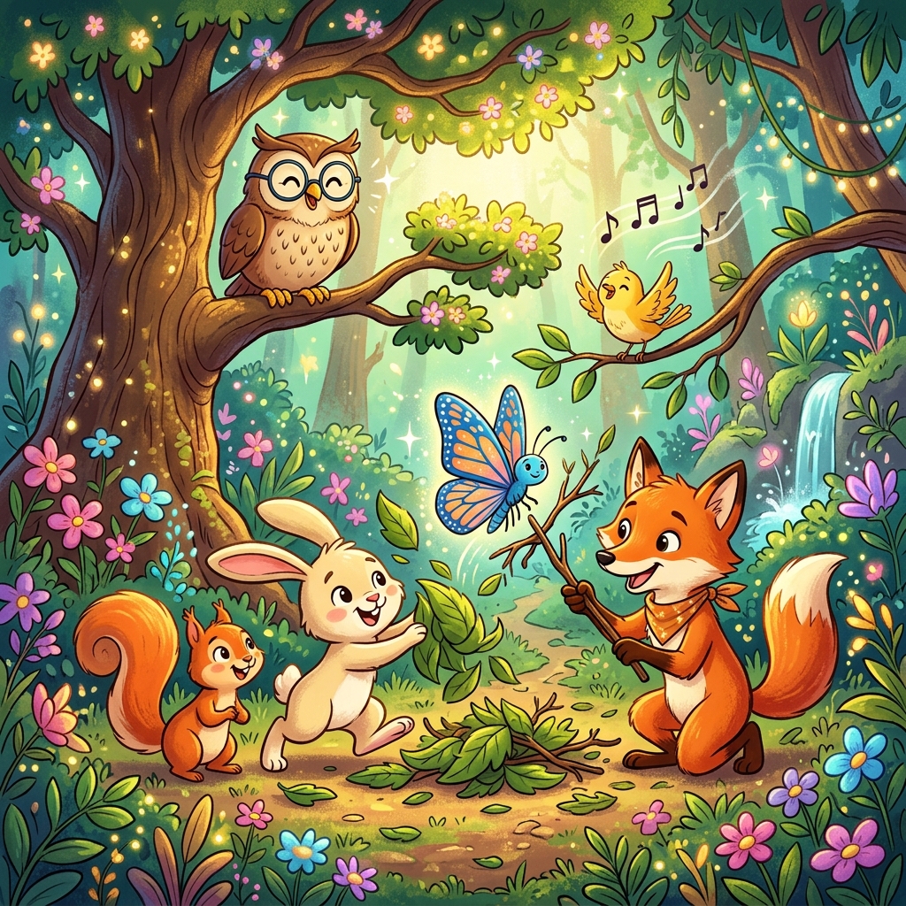 Cartoon style. Foxy, Squeaky the squirrel, Hoppy the bouncy bunny, and Chirpy the singing bird are all working together to free the butterfly. Hoppy is gently pushing leaves, Chirpy is singing, and Foxy is carefully using a stick to lift the butterfly's wing. The butterfly is just about to fly free, looking happy. Professor Hoot is watching from a tree with a proud smile. The Magic Forest is vibrant and joyful.