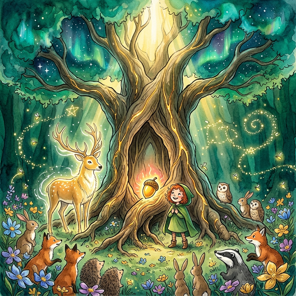 A girl with short red hair in a green hooded cloak stands before the glowing Heart Tree in the Magic Forest, a full-size radiant deer-spirit beside her, woodland creatures in a circle around them, flowers blooming, fireflies forming a light display above, enchanted watercolor storybook art, deep emerald greens and warm golden palette
