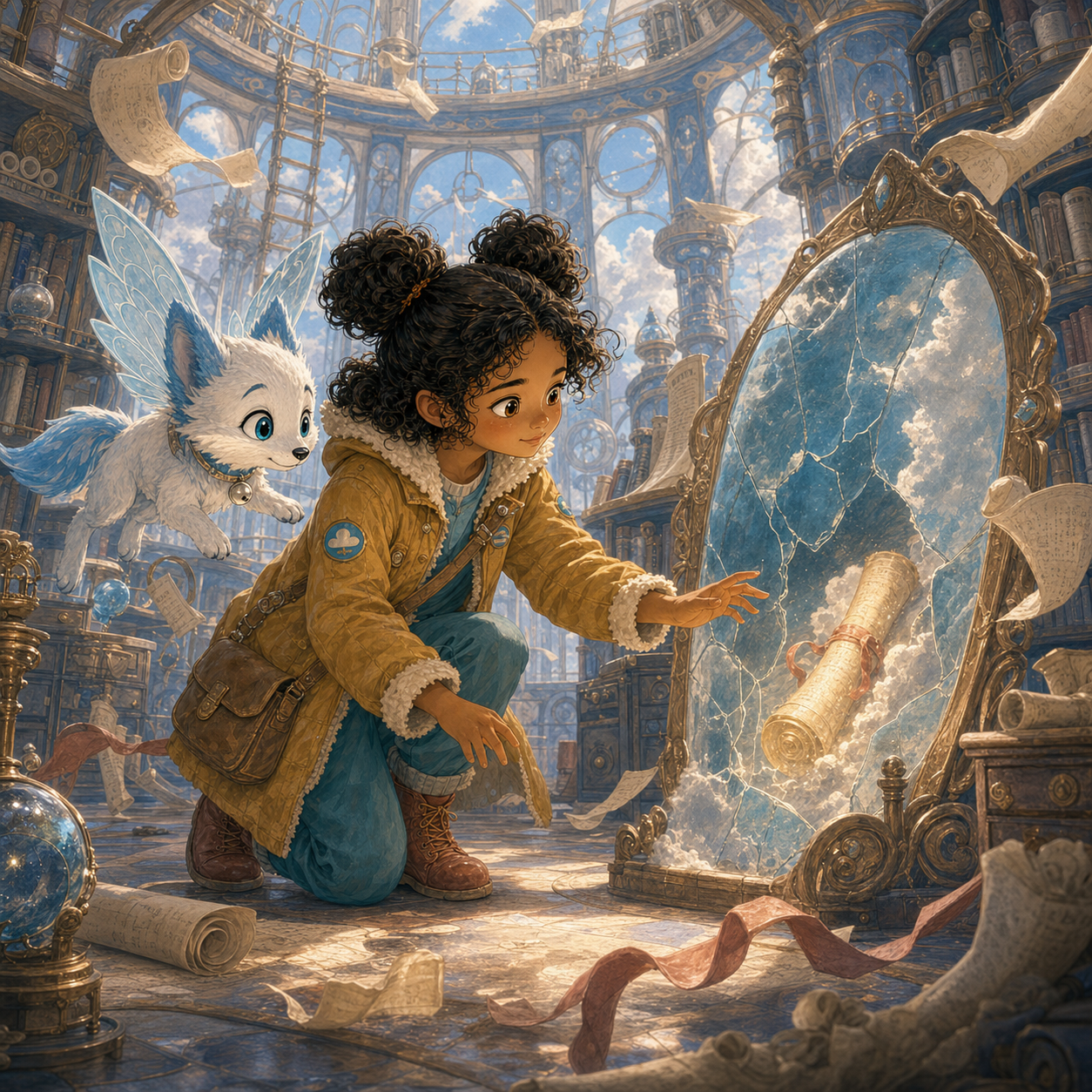 Mia, an eight-year-old girl with warm brown skin, dark curly puff buns, mustard aviator coat, teal trousers and red-brown boots, reaches for a glowing scroll in a floating Cloud City archive while Nimbus, a white-and-blue cloud fox with wing ears and a silver bell collar, hovers beside her