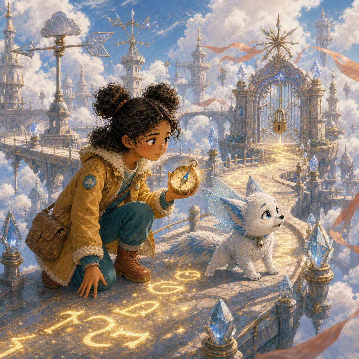 Mia holds a glowing brass compass on a cloud bridge while Nimbus, the white-and-blue wing-eared cloud fox, bravely admits the truth beside a locked sky gate and floating crystal weather vanes