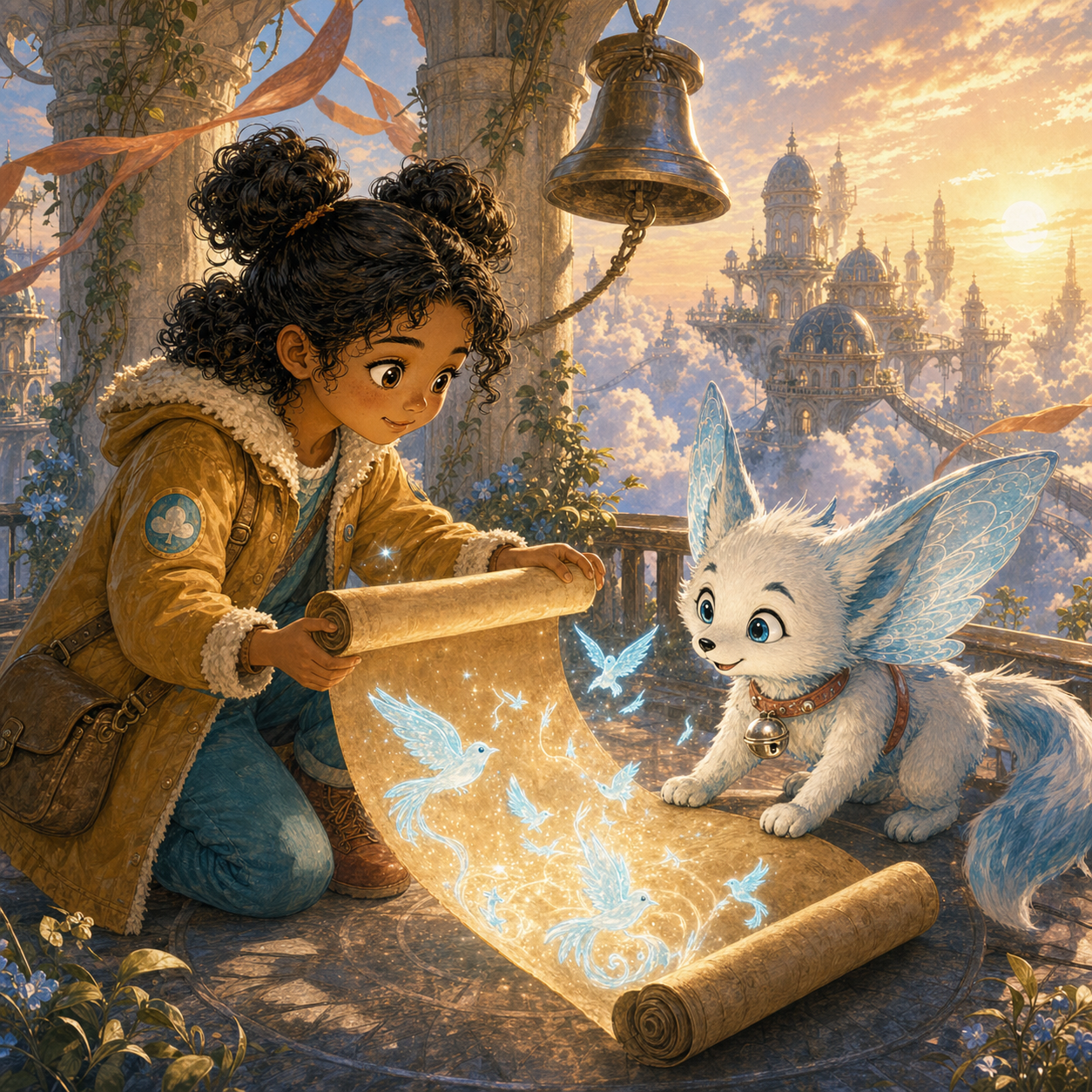 Mia and Nimbus open the glowing Scroll of Truth at the highest Cloud City bell tower at sunset, releasing small crystal-blue light birds while floating domes and bridges shine below
