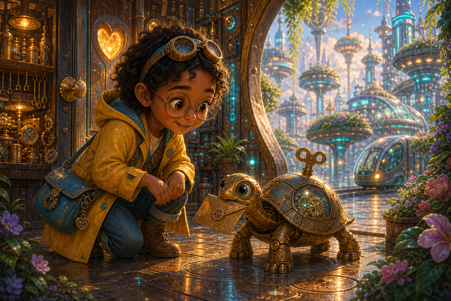 Mira, a curious young inventor with copper-brown skin, round glasses, yellow raincoat, and blue satchel, kneels beside Orin the tiny brass clockwork turtle robot at a glowing Future City workshop door; floating gardens and teal transit lights outside; warm AmFoxy children's storybook illustration style, soft painterly texture, rounded friendly forms, cozy cinematic light, rich magical detail, no text, no watermark