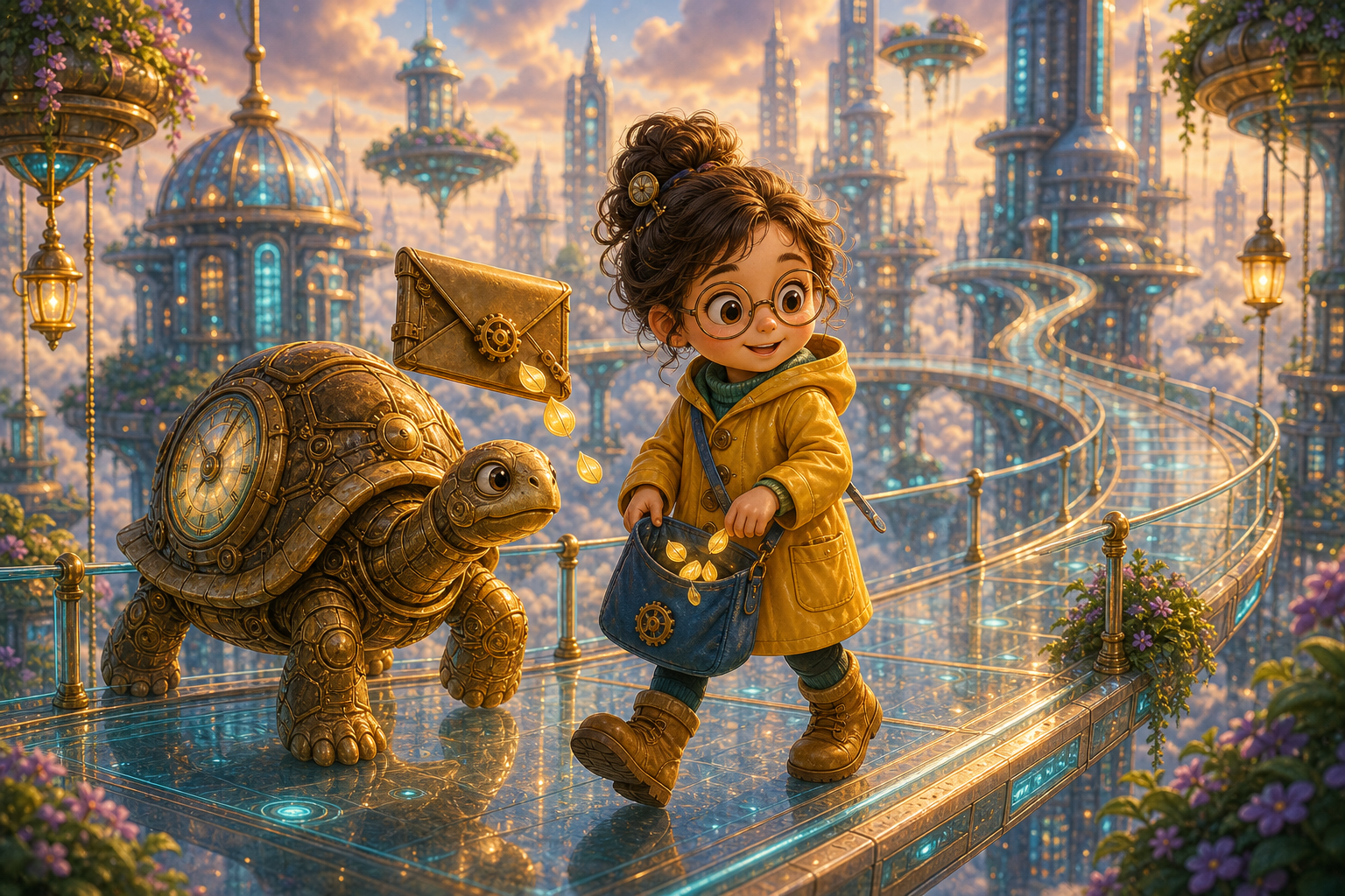 Mira walks patiently beside Orin the brass clockwork turtle on a transparent sky-lift and glowing bridge above Future City, catching tiny moon-melon seeds in her blue satchel; warm AmFoxy children's storybook illustration style, soft painterly texture, rounded friendly forms, cozy cinematic light, rich magical detail, no text, no watermark
