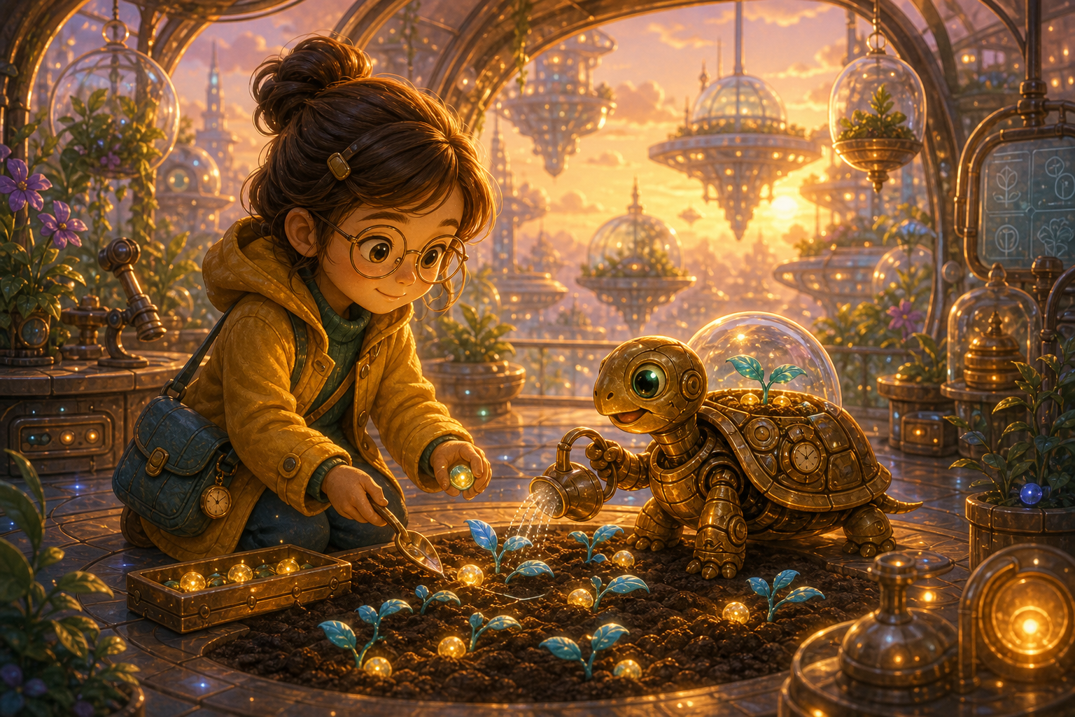 Mira and Orin the clockwork turtle plant glowing moon-melon seeds in a glass Sky Garden at sunset, tiny blue leaves opening under warm amber light; warm AmFoxy children's storybook illustration style, soft painterly texture, rounded friendly forms, cozy cinematic light, rich magical detail, no text, no watermark