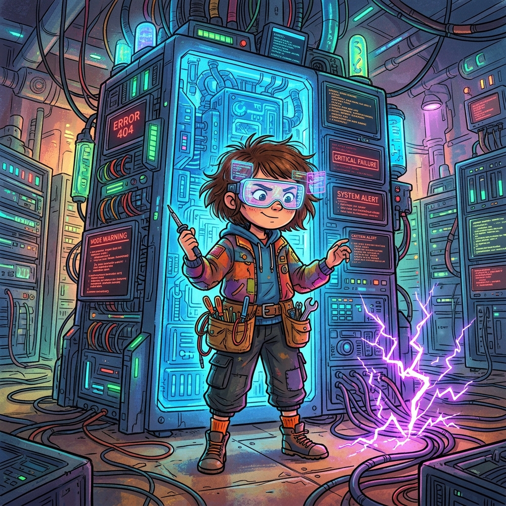 A ten-year-old girl with holographic goggles and a toolbelt standing in front of a massive, glowing blue computer mainframe, a jagged purple spark dancing on the floor, error messages on screens, cyberpunk children's storybook style