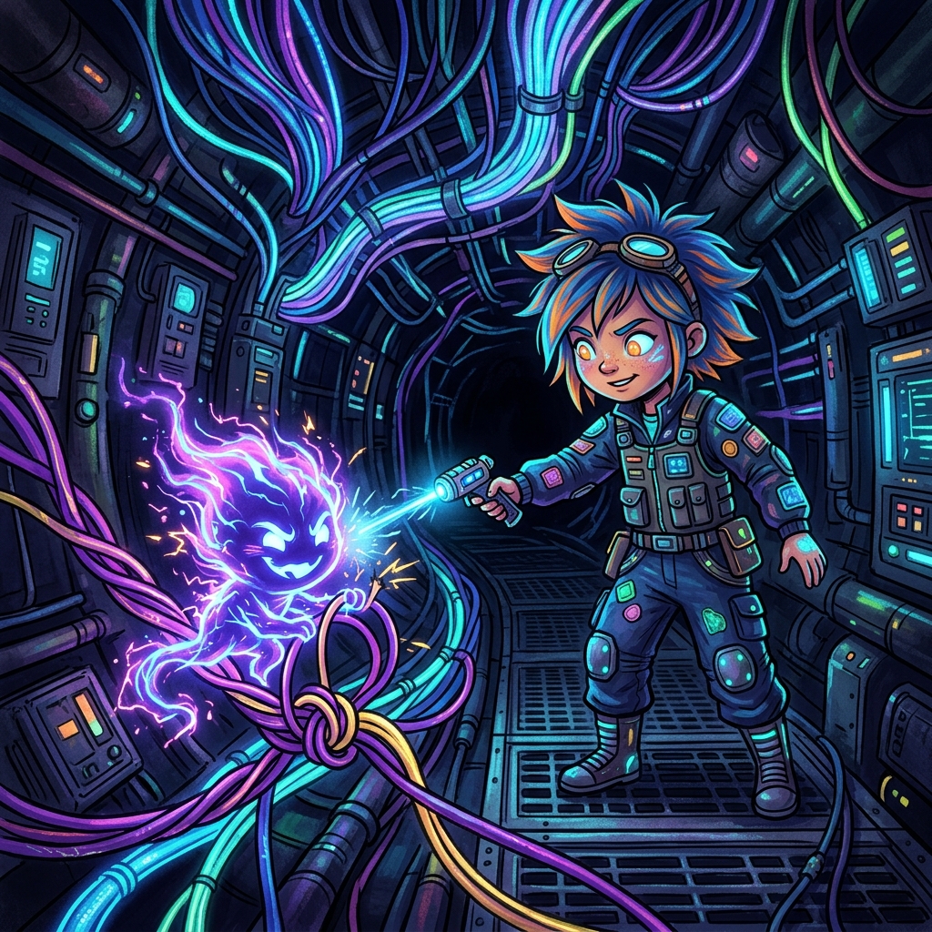 Elara in the dark, glowing fiber-optic data tunnels pointing her sonic wrench at a small mischievous creature made of crackling purple energy tying cables together, cyberpunk children's storybook style