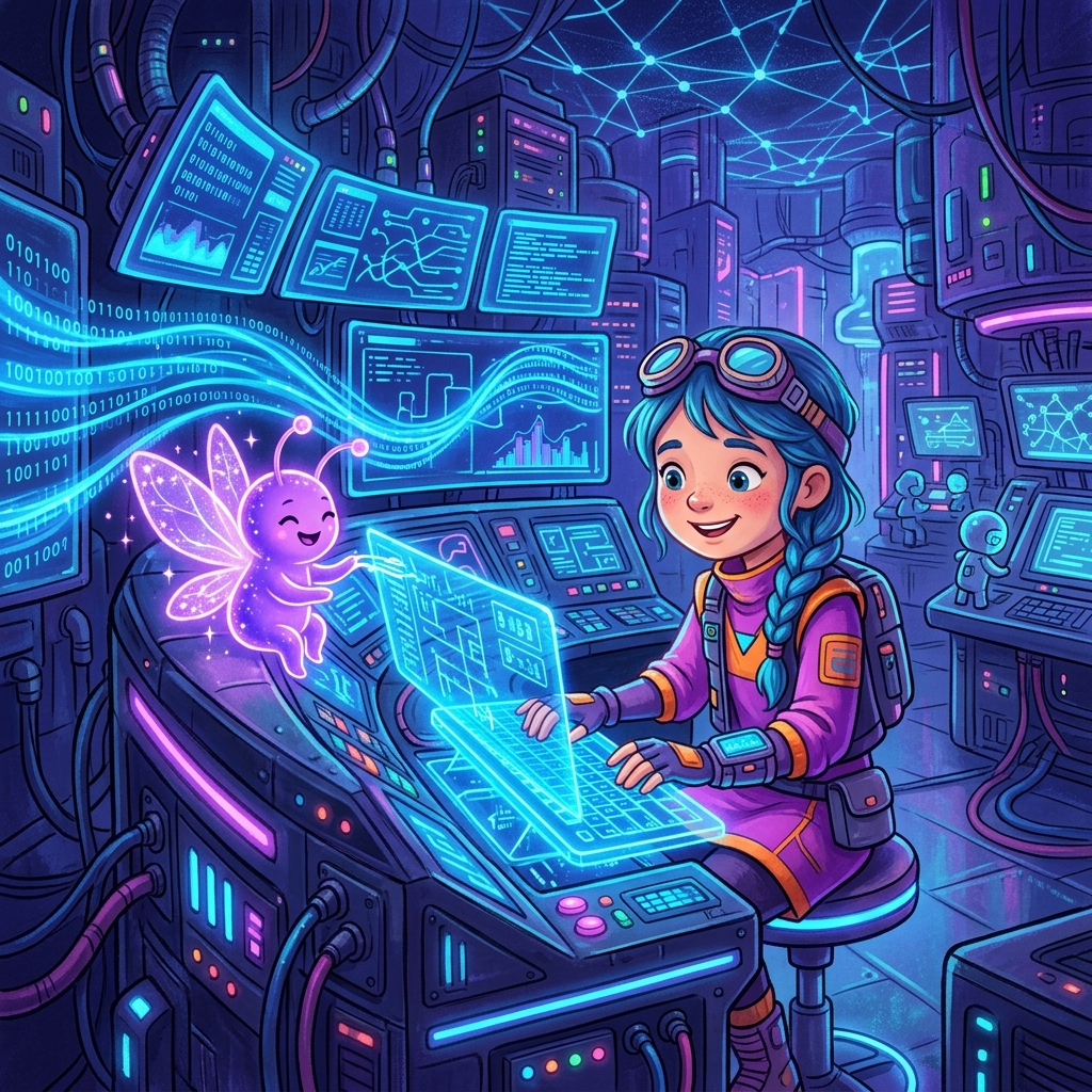 Elara and the glowing purple Data Pixie sitting at the Mainframe console, Elara typing on a holographic keyboard with a smile, blue data flowing smoothly, cyberpunk children's storybook style