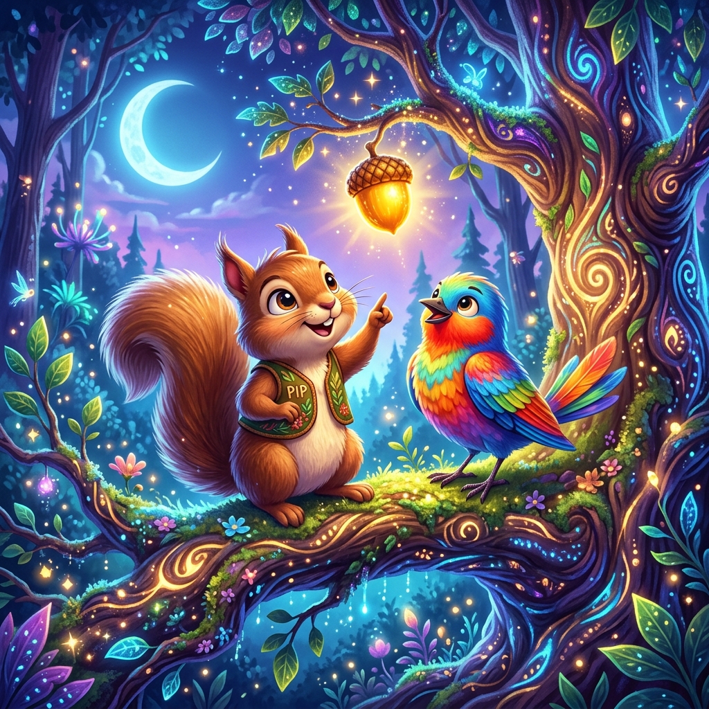 A cute cartoon squirrel with big eyes named Pip, sitting on a high branch of a giant glowing tree in a magical forest. Next to Pip is a friendly, colorful bird with bright rainbow feathers. They are looking upwards together at a bright golden acorn. The art style should be exactly the same as the previous image: highly detailed, vibrant, enchanting 3D children's book illustration, magical color palette of deep blues, purples, and glowing gold, maintaining perfect thematic consistency.