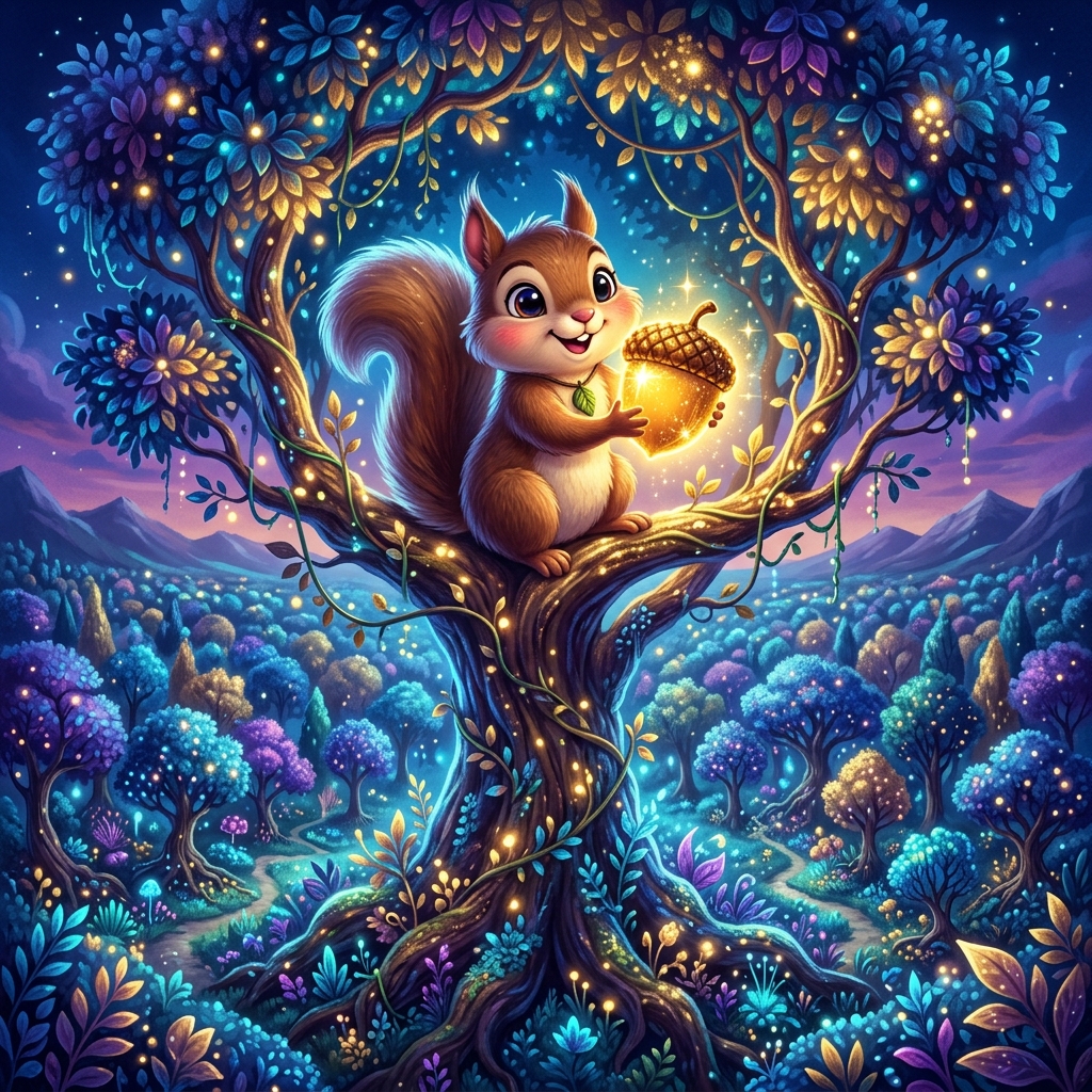 A cute cartoon squirrel with big eyes named Pip, sitting at the very top of a giant glowing tree in a magical forest. Pip is proudly and joyfully holding a bright, sparkling golden acorn that emits warm golden light. The background shows the vast, magical glowing forest from above. The art style should be exactly the same as the previous images: highly detailed, vibrant, enchanting 3D children's book illustration, magical color palette of deep blues, purples, and glowing gold, maintaining perfect thematic consistency.