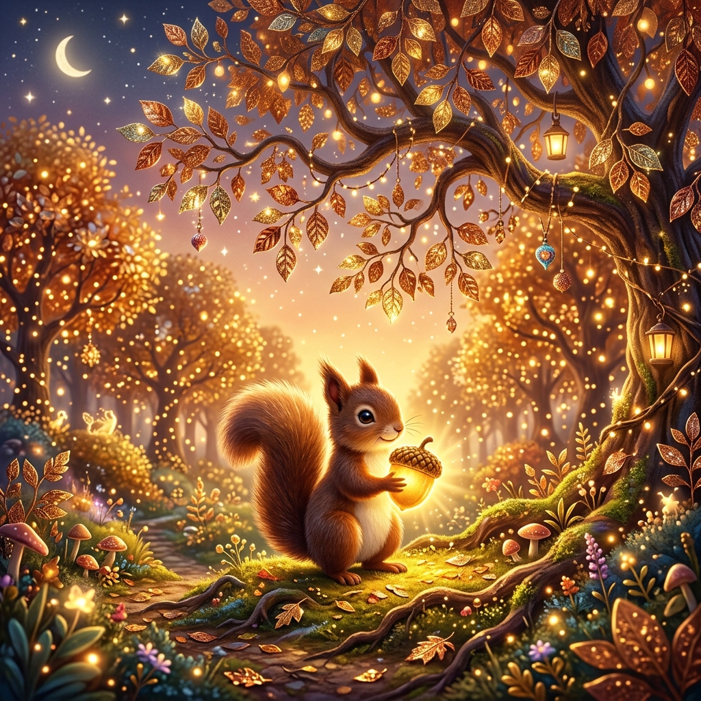 A tiny squirrel holding a glowing golden acorn that radiates soft light. The squirrel is standing under a magnificent tree with metallic leaves, and the forest around it glows with turn gold-tinted colors as if celebrating. Vibrant 3D children's book illustration.