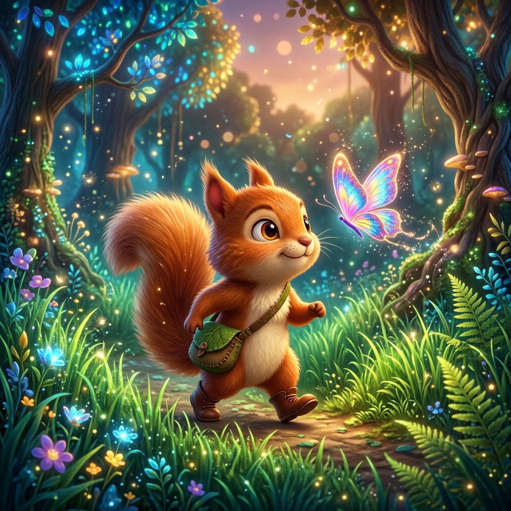 A cute cartoon squirrel named Pip looking brave, walking through tall, glowing emerald grass in a magical forest. A beautiful, glowing rainbow-colored butterfly is flying near his nose, guiding him. Magical spores float in the air. Highly detailed 3D children's book illustration, whimsical.