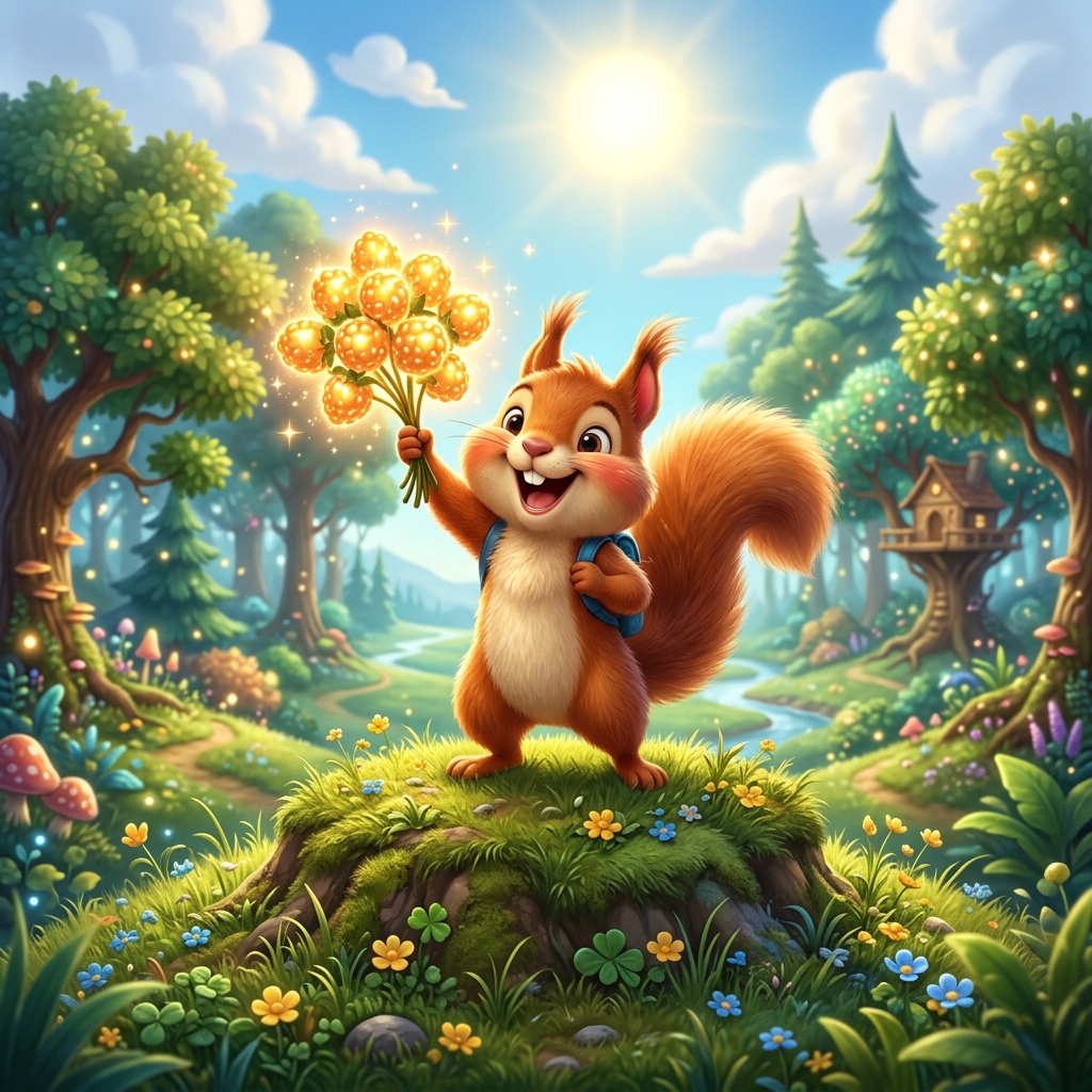 A cute, happy cartoon squirrel named Pip standing triumphantly on top of a grassy hill under a bright sunny sky. Pip is holding a large bunch of shimmering, glowing golden berries and smiling widely. Magical forest scenery in the background. Highly detailed 3D children's book illustration.