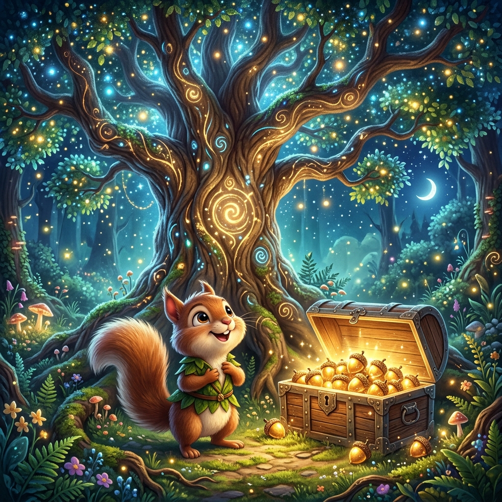 A cartoon-style illustration of Pip the squirrel standing before a massive, glowing Great Oak Tree. At its base is a glowing chest filled with shimmering golden acorns. The scene is magical and colorful, and Pip looks happy and proud of hisself.