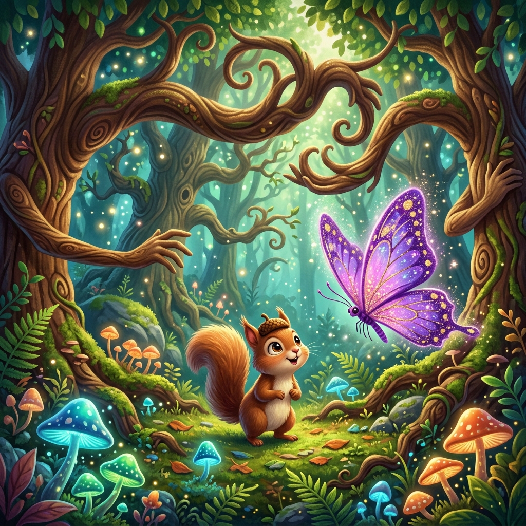 A small squirrel standing in a forest with glowing mushrooms on the ground and large, whimsical tree branches that look like arms. A giant purple butterfly with sparkling wings is fluttering near the sense of wonder. Vibrant 3D children's book illustration.