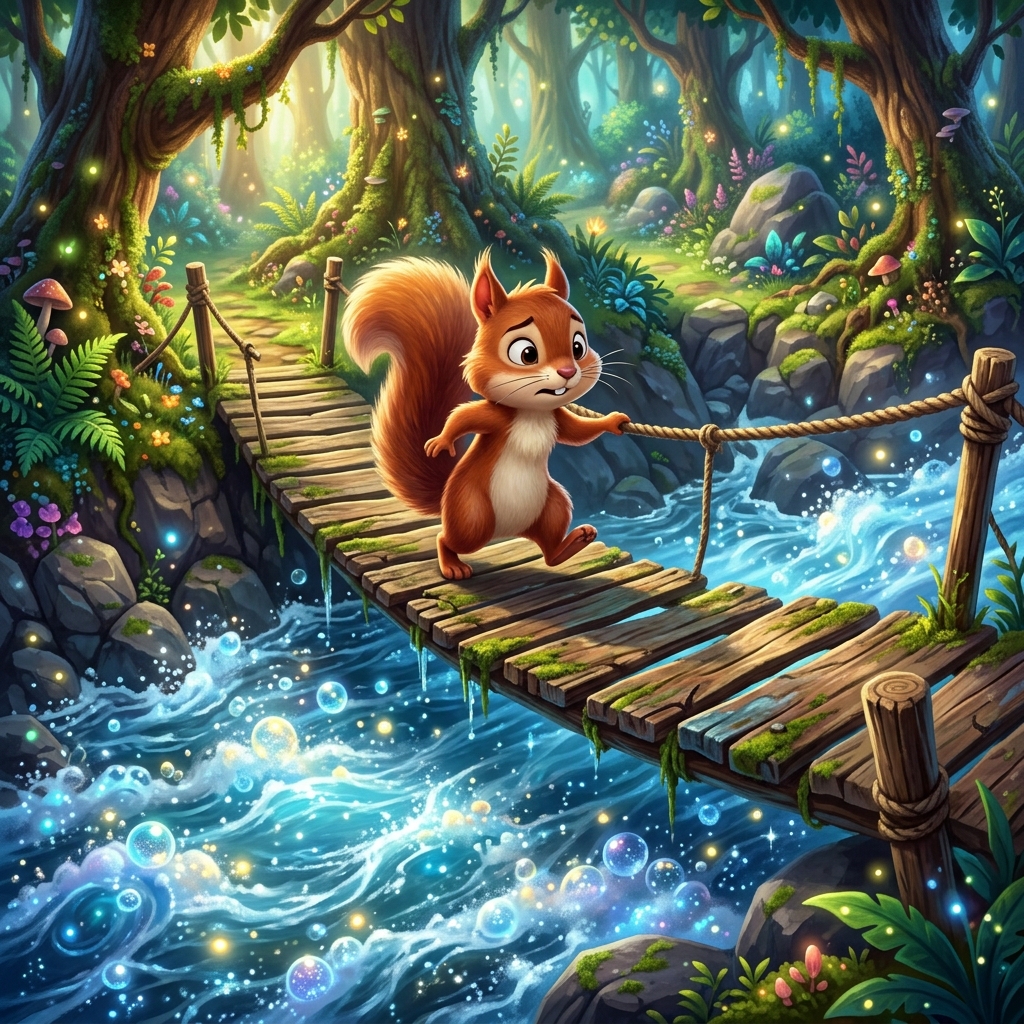 A cartoon-style illustration of Pip the squirrel trying to cross a small wooden bridge over a bubbly, sparkling river. The water is bright blue and has sparkles in it. Pip looks determined but slightly nervous, with big expressive eyes.