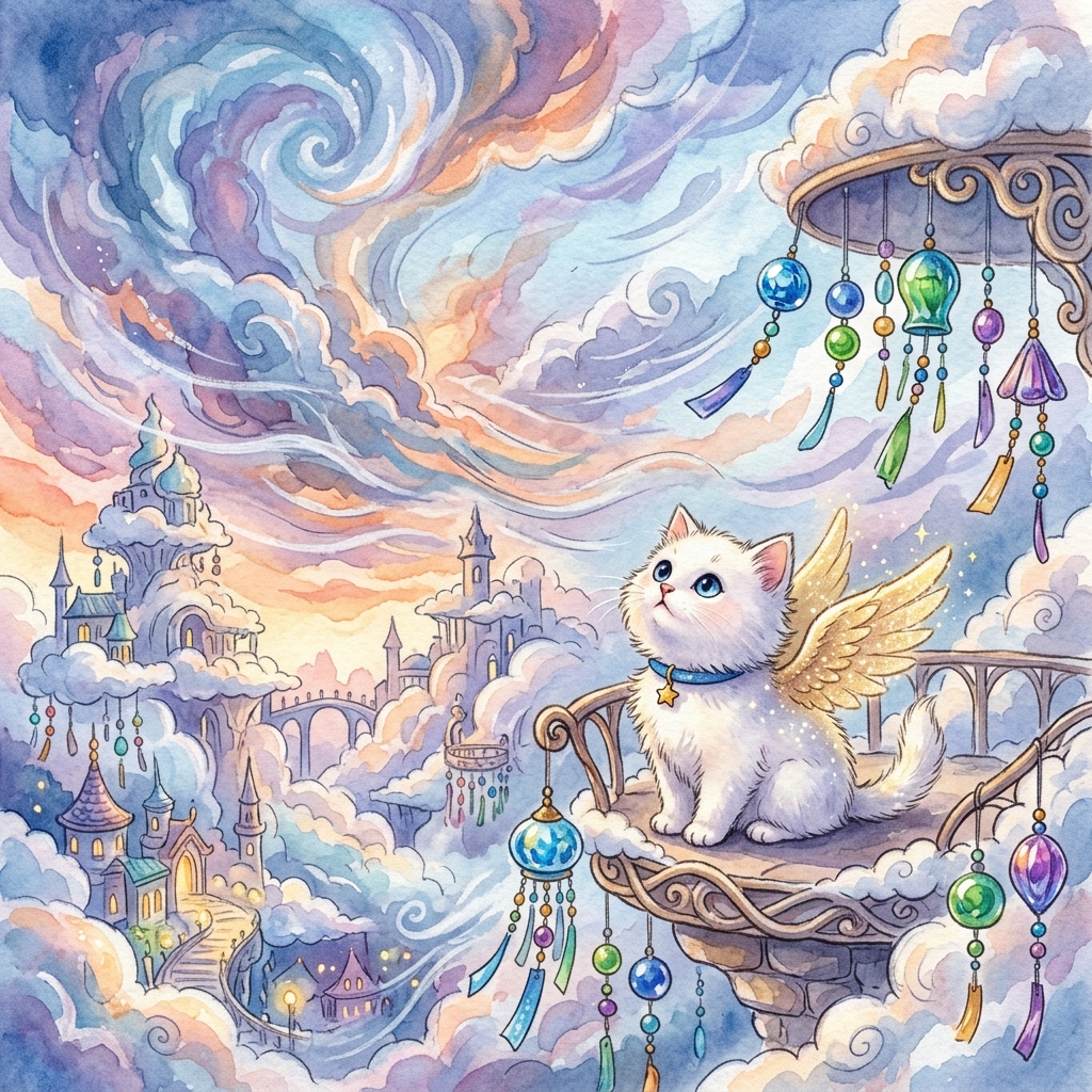 A tiny fluffy white sky-kitten with sparkling golden wings and a blue collar looking up at wild swirling clouds and blowing winds in a sky city, colorful wind-chimes hanging from cloud balconies, whimsical pastel watercolor style