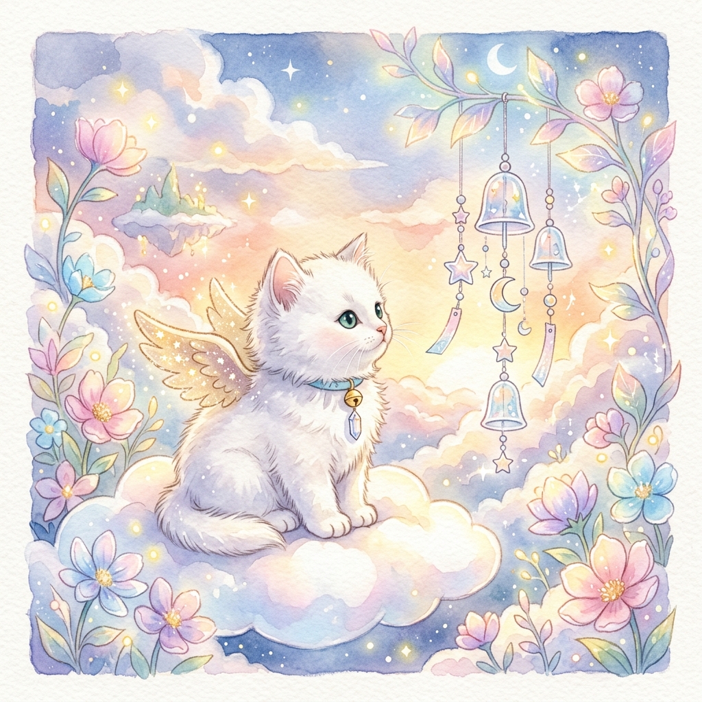 A tiny fluffy white sky-kitten with sparkling golden wings and a blue collar sitting peacefully in a cloud garden filled with glowing pastel flowers, watching wind-chimes move gently, whimsical watercolor style