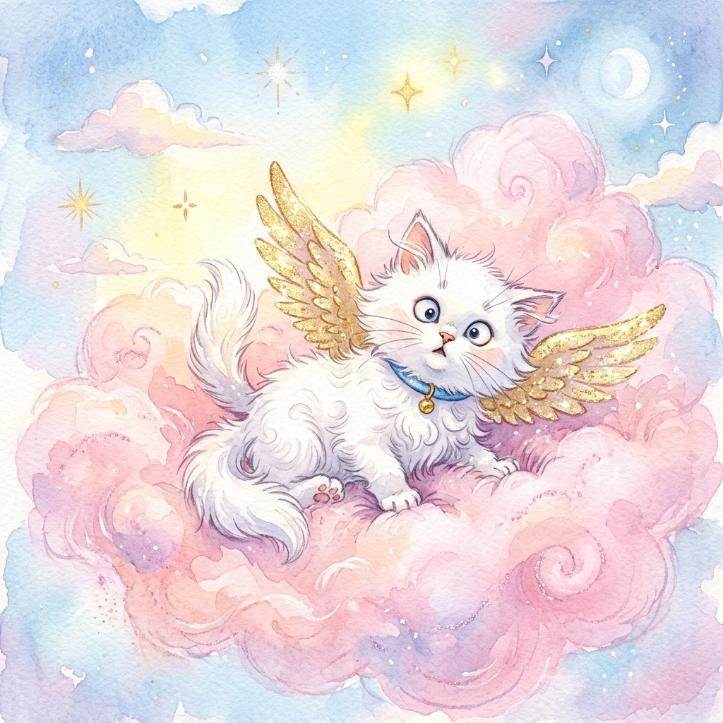 A tiny fluffy white sky-kitten with sparkling golden wings and a blue collar landing softly in a huge pink cotton-candy cloud, looking surprised and dizzy, whimsical watercolor style