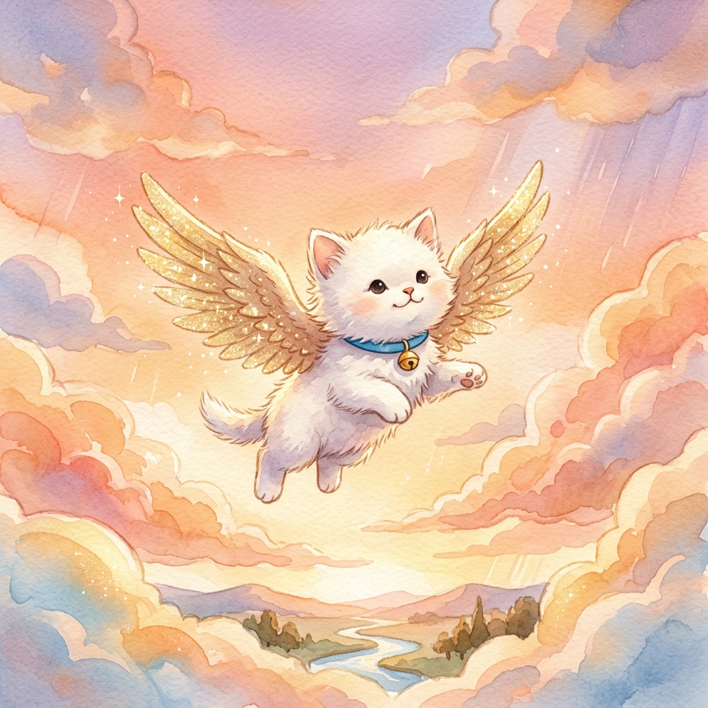 A tiny fluffy white sky-kitten with sparkling golden wings and a blue collar spreading wings in a beautiful calm orange and pink sky after the storm, soft warm sunset light, whimsical watercolor style