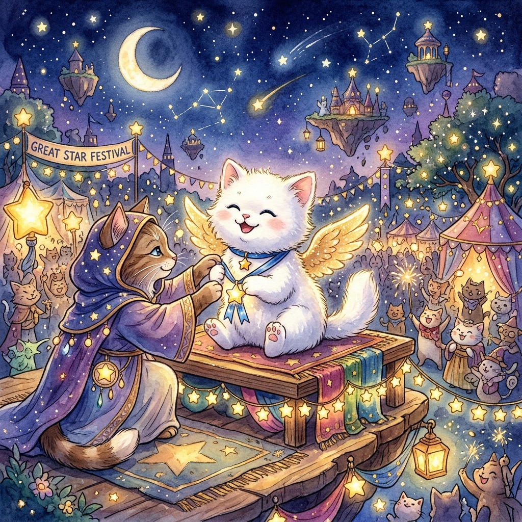 A tiny fluffy white sky-kitten with sparkling golden wings and a blue collar sitting happily at the Great Star Festival on a floating island, glowing stars filling the sky, receiving a small star medal, whimsical watercolor style