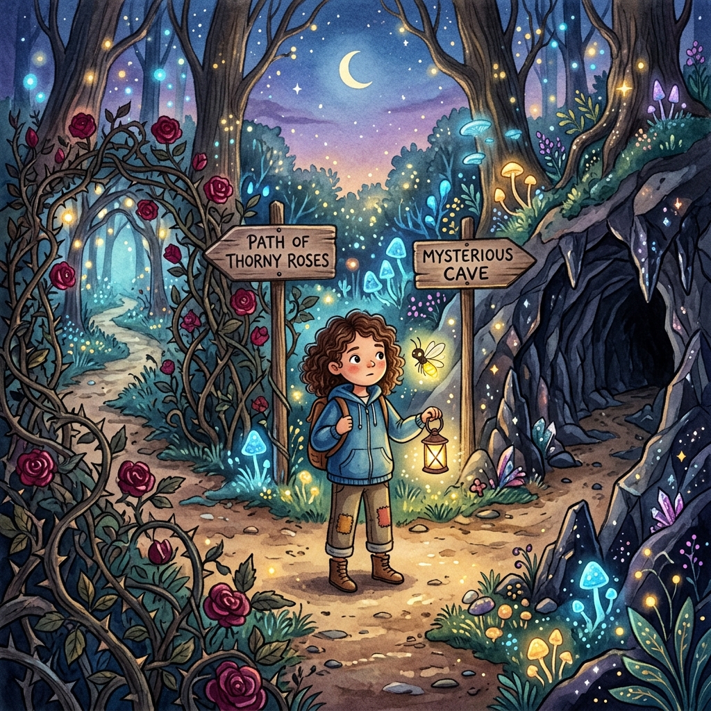 A whimsical, magical forest at twilight with glowing trees. A young boy with a backpack stands at a fork in the path. One path has glowing blue mushrooms, the other is dark with swirling wind patterns in the air. Children’s book illustration style, soft lighting.