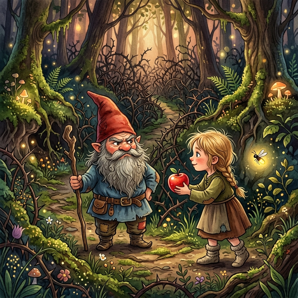 A close-up of a tiny, glowing pixie with translucent wings trapped in a glittering spiderweb. A large, colorful but non-scary cartoonish purple spider is on a branch above. A brave young child is stepping forward to help. Magical, vibrant colors.