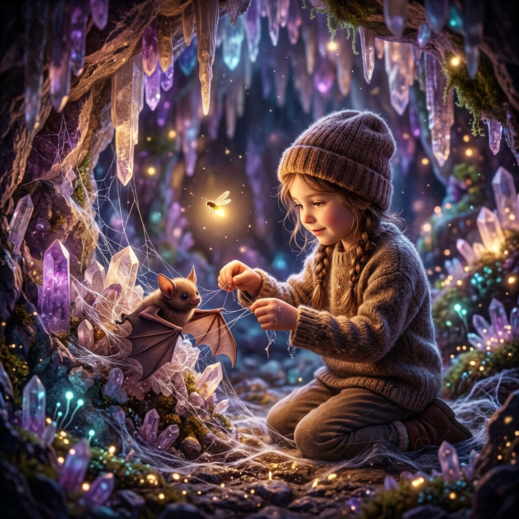A rushing, sparkling blue stream in a magical forest. A small, cute, blue puppy-like creature with fish fins is stranded on a wet rock in the middle. A brave young child is standing on the bank, looking for a way to help. Soft, warm lighting.