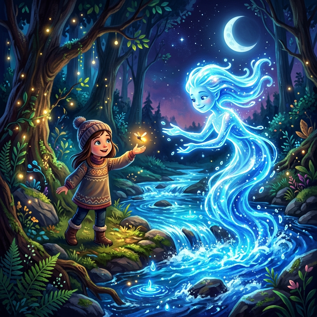 A young child standing with a tiny, happy magical creature (either a pixie or a water-pup) who is presenting the child with a glowing, magical compass. The background shows a split view of a sparkling crystal cave and a giant hollow tree. Bright, magical atmosphere.
