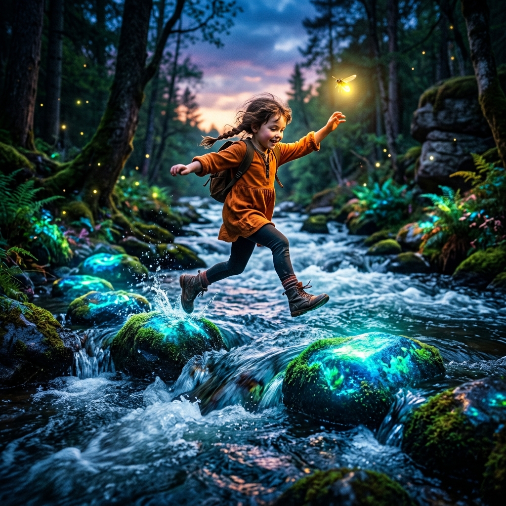 Inside a cave filled with glowing pink and blue crystals. A large, gentle stone giant made of mossy rocks is fast asleep, snoring softly. A small, glowing crystal charm lies near his hand. A brave child is approaching quietly. Whimsical and magical style.