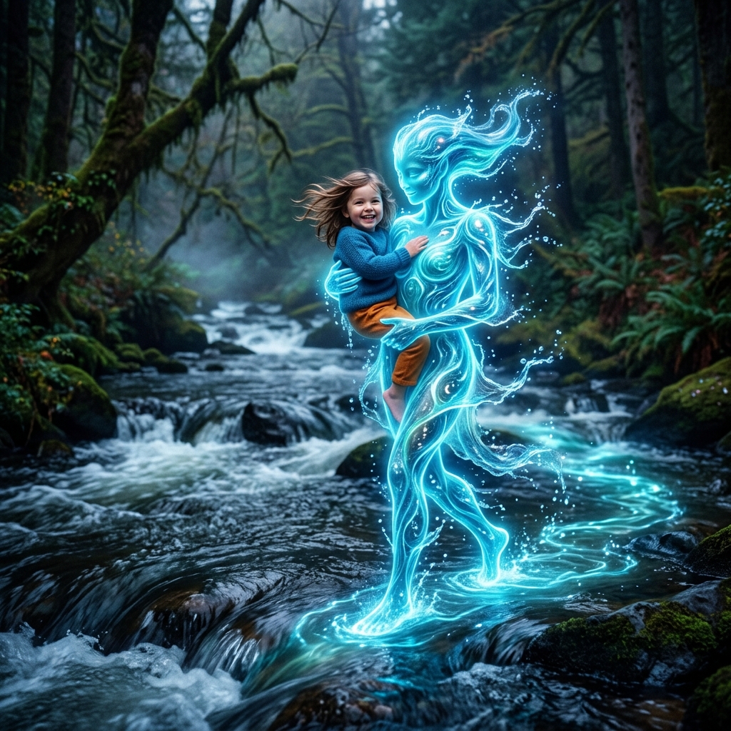 Inside a cozy, warm hollow tree trunk filled with tiny books and glowing lanterns. A wise, golden-feathered owl with large spectacles sits on a branch, wearing a glowing feather necklace. A young child stands below, looking up respectfully.