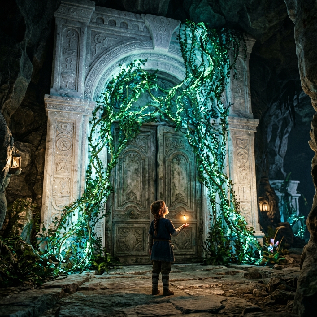 A dark, misty valley with purple fog swirling around. In the center, a beautiful, unlit star-shaped lantern is trapped inside a cage of dark, thorny vines. A brave young child stands at the edge of the mist, holding a glowing charm that pushes the darkness back.