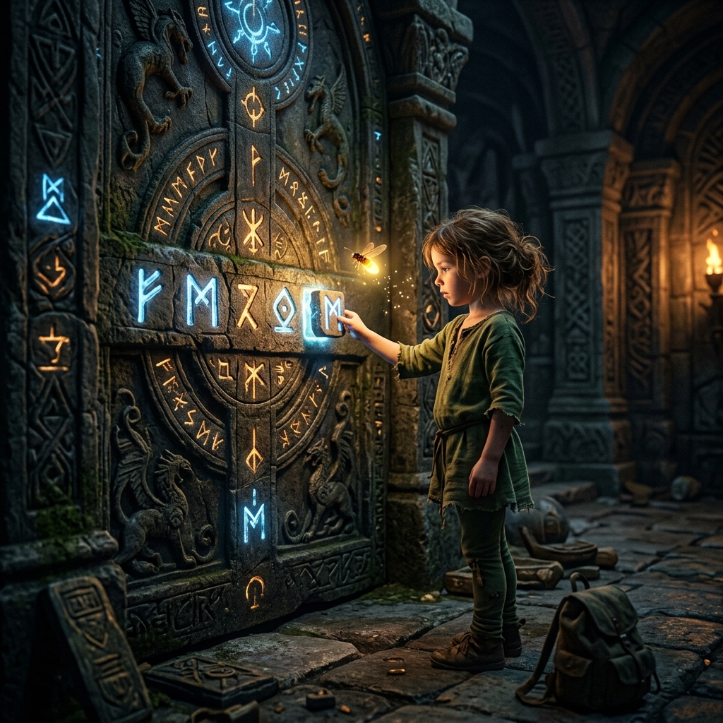 A young child holding a glowing charm that casts a bright, warm light. In front of the child, a dark, smoky shadow-sprite with glowing, curious red eyes emerges from the misty vines. The scene is a mix of dark purple and bright gold light.